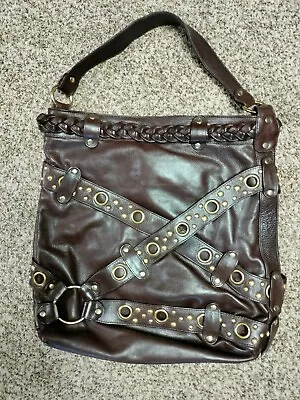 $29.99 • Buy TREESJE Purse Brown Leather Moto Hobo Shoulder Bag Satchel Bohemian Strappy BIG 
