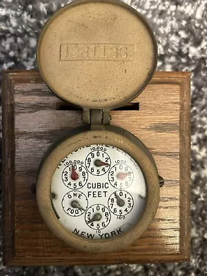 Vintage Neptune Brass Water Meter Mounted On Wood Base With Meter NY USA! 🇺🇸 • $49.88