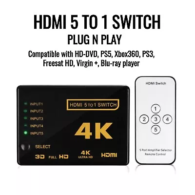 5 Port HDMI 4K Switch Switcher Selector Splitter Hub IR Remote For HDTV 1080 PS5 • £6.99