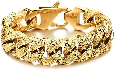 24ct Gold Layered Mens Chunky Curb Patterned Link Bracelet 23cm Gift Boxed 24k • £99.99