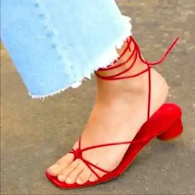 Zara Red Heeled Strappy Sandals Pu 2843/001 2344/001 • $39.90