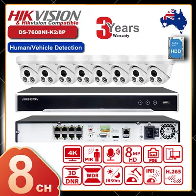 Hikvision 8CH PoE NVR 4K 8MP Security IP Camera MIC IR30m Dome CCTV System Kit • £498.42