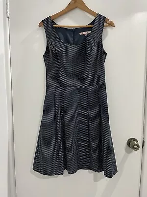 Review Fit & Flare Dress Size 10 Navy White Spotty Pleated Lined (C) • $39.95