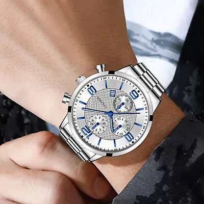 Silver Sport Men's Stainless Steel Case Steel Band Quartz Analog Wrist Watch • $15.79