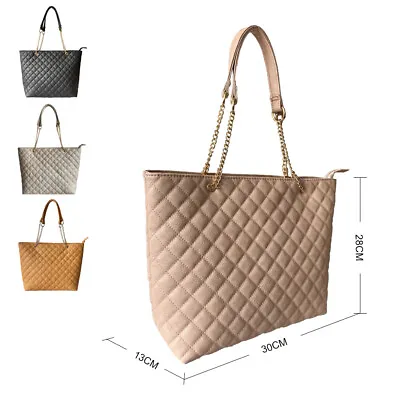 New Womens Designer Style Quilted Shoulder Bag Girls Metal Chain Tote Shopper  • £11.49