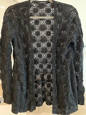 Magaschoni Black Open Crochet Long Cardigan Boho Medium Cotton Flared Sleeve • $23.99