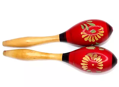 Hand Carved And Painted Wood Maracas Percussion Shakers Red Flower Design • $19.99