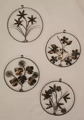 Vtg Floral Brass Copper Wall Decor Metal Art Flowers Leaf MCM 4 Pieces Round 3D • $24.95