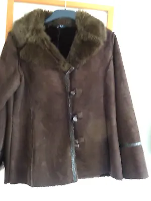 Ladies Brown Faux Suede Jacket Horn Buttons +f Urry Lining - Size 16 From Maine • £5.50