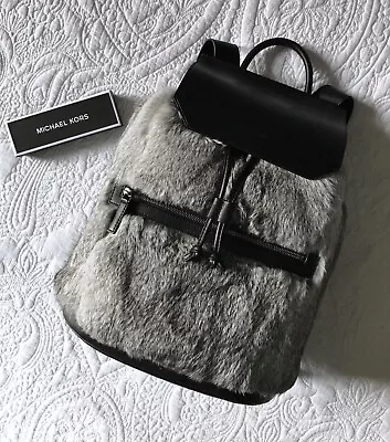 Michael Kors Grey Rabbit Fur Dark Leather Drawstring Backpack • $500