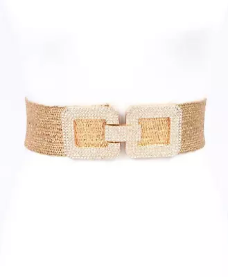 BNWT Gold Metallic Straw Textured Rhinestone Buckle Elastic Stretch Belt • $18