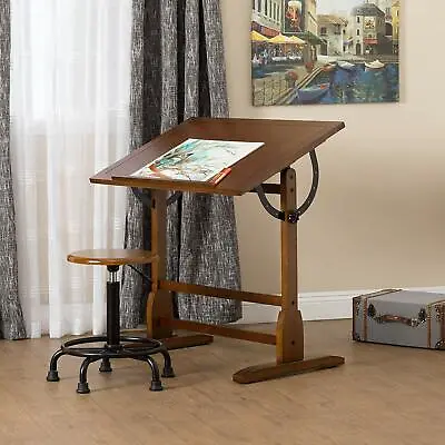 Vintage Drafting Table Rustic Oak Adjustable Drawing Base Architect Wood New • $239.98