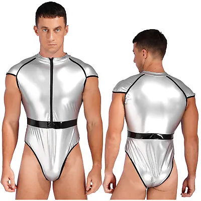 Men Astronaut Costume Shiny Leotards Zipper Front Patent Leather Skinny Bodysuit • £14.11