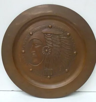 Antique Embossed American Indian Chief Copper Charger Plate Feather Head Dress • $189