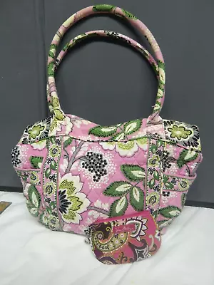 Vera Bradley Priscilla Pink Large Tote Beach Bag Pink Floral Green Coin Purse • $15.99