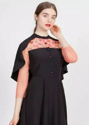 Ethical New XS La Casita De Wendy Floral Embellished Mesh Cape Dress Black Pink • $600