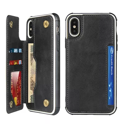 For IPhone XR Black Genuine Leather ID Credit Card Slot Wallet Flip Case Cover • $20