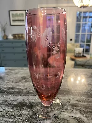 Vintage Bohemian Cranberry Etched Glass Art Glass Vase 3.25 X 10 • $27