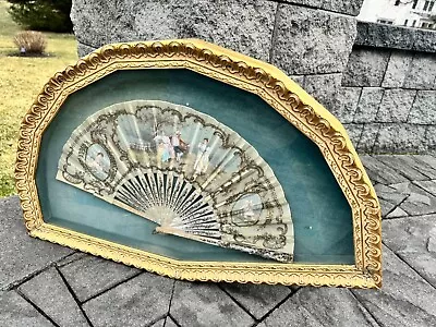 VTG Victorian Hand Sculpted Mother Of Pear Gold Gilt Signed Painting Fan 28x18” • $269.10