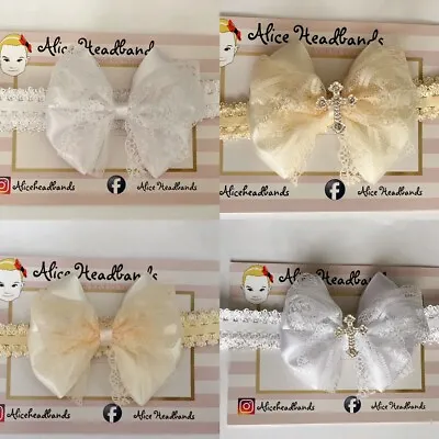 Baby Girl White Or Ivory Christening Headband Baptism Wedding Bow Cross Hairband • £3.99