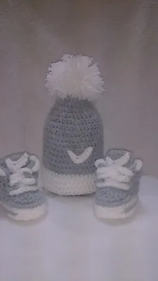 Baby Crochet Shoes Your Baby's Name Handmade Wool Trainers Grey White  • £9