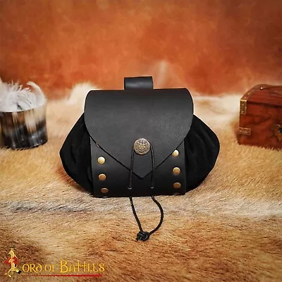 Medieval Belt Pouch Handcrafted Leather Waist Bag For Larp Cosplay Black 15cm • $34.99