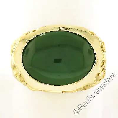 Vintage Men's 14K Yellow Gold Oval Cabochon Green Jade Sideways Nugget Band Ring • $1278.40