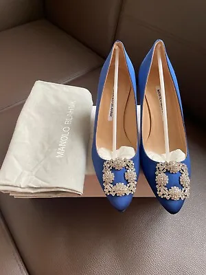 Authentic Manolo Blahnik Hangisi Blue Satin Jewel Buckle Pumps SZ39 • £474.17