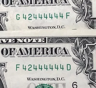 Matching Near Solid Pair Fancy Serial Number One Dollar Bill 42444444 Binary 4s • $650