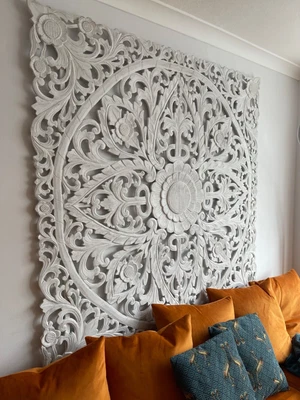 £399 • Buy Large White Washed Balinese Wall Art Headboard Carved Floral Panel 160x160 Cm 