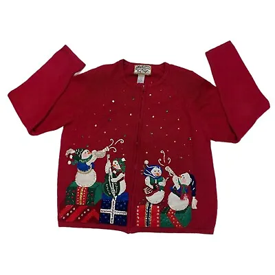 Heirloom Collectibles Musical Snowmen Holiday Sweater Large Full Zip Christmas • $22.50