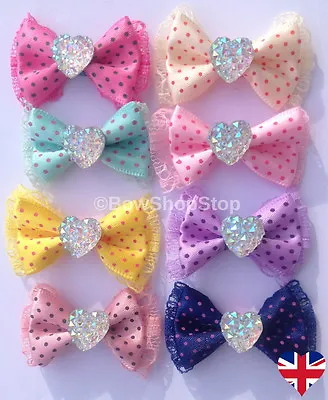 Satin & Lace Ribbon With Crystal Love Heart Dog Hair Bow Alligator Clips • £1.25