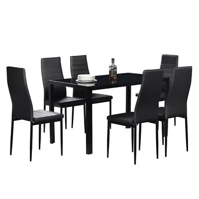 $296.99 • Buy 7 Piece Dining Table Set For 6 Chairs Clear Glass Metal Kitchen Room Breakfast