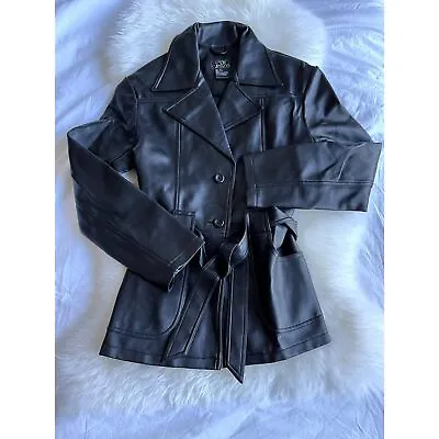 Vintage 90s Black Pleather Trench Coat Eye Candy Size Medium • $40