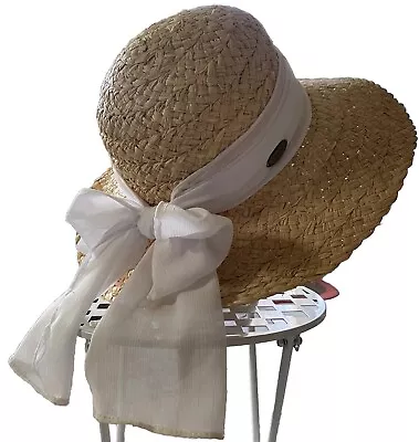 Woven Straw Sun Hat White Fleece Bow Cottage Beach Women’s Style Fashion • $18