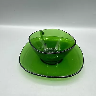 Vintage Vereco Glass Coffee Tea Cup Square Saucer Forest Green France MCM • $9.99