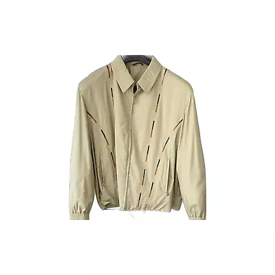 Zilli Vintage Mens Tan Fabric Bomber Jacket Leather Trim Collar & Cuffs Size Xl • $600