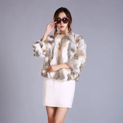 Real Rabbit Fur Coat Short Womens Jackets Overcoats Crew Neck Warm Parka Outwear • $138.98