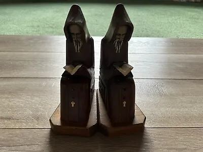 Vintage Hand Carved Wood Wooden Priest Friar Monk Bible 8” Bookends Set • $29.99