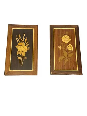 Vintage Italian Wood Inlay Floral Picture Plaques Wall Decor Set Of 2 • $22.49