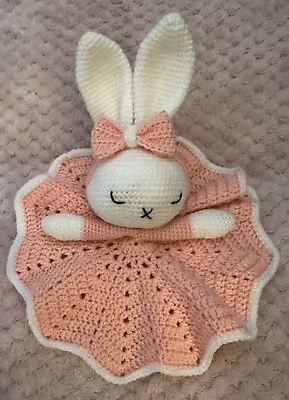 Handmade Baby Lovey Snuggle Comforter Blanket Bunny Peach & White • £9.99