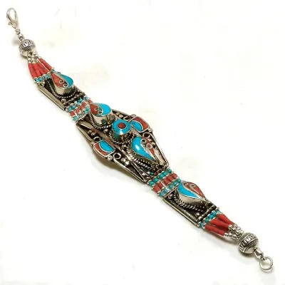 Red Coral Tibetan Turquoise Handmade Gift Jewelry Nepali Bracelet 7-8  NBB 3018 • $14.81