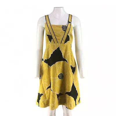 Moulinette Soeurs 100% Silk A LIne Dress Lined Sleeveless Yellow Black Floral 12 • $50.98
