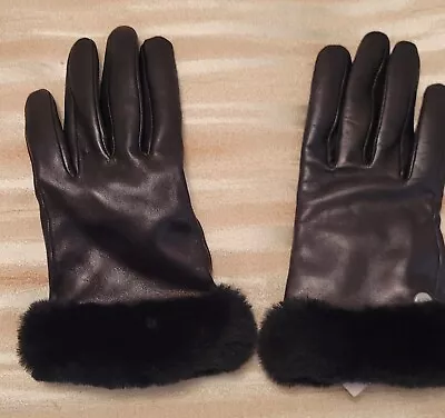 UGG Black Shorty Shearling Trim Leather Gloves Women’s Size Small • $45