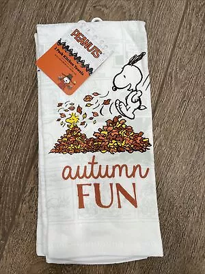 AUTUMN FUN Set 2 Peanuts Snoopy Jumping Leaves Fall Kitchen Towels NEW • $14.99