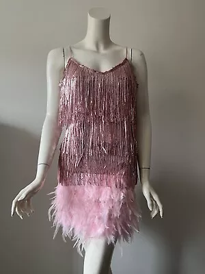£29.19 • Buy Unbranded Pink Sequin Fringe Feather Costume Prom Mini Dress Teens Junior Size M