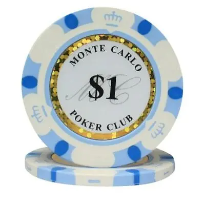 25 Monte Carlo Poker Club Light Blue $1 14g Clay Composite Poker Chip Crown • $12.99