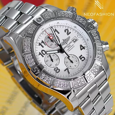 BREITLING SUPER AVENGER 48MM 1.23ct DIAMOND BEZEL WHITE DIAL MENS WATCH A13370 • $4795