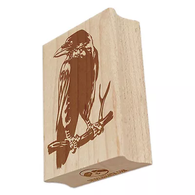Wise Black Raven Crow Perched On Branch Rectangle Rubber Stamp For Stamping • $9.99