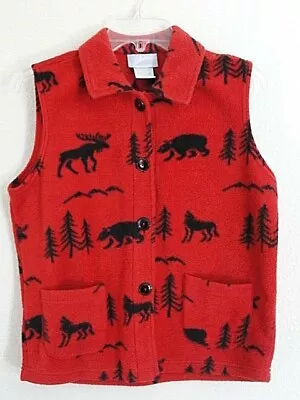 Blair Women's Fleece Button Vest Collar Red Black Bear Wolf Moose Forest SZ SML • $19.95